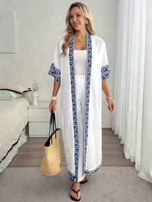 Louniche 2026年夏季新款女士休闲度假两件套，图案装饰和服罩衫和长裤，浪漫海滩度假装 - 杏色 - 查看 5