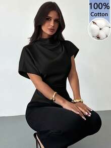 Firerie 女士100%纯棉黑色褶皱领不对称袖侧褶收腰衬衫 - 四季皆宜，适合春夏工作、派对、晚宴、约会、鸡尾酒会、正式场合及下午茶等场合。 - 彩色 - 查看 8