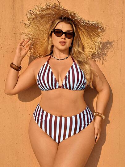 SHEIN Swim Curve Plus Size Women 2pcs Printed Halter Top And Triangle Bottoms Bikini Swimsuit, Vacation Beach