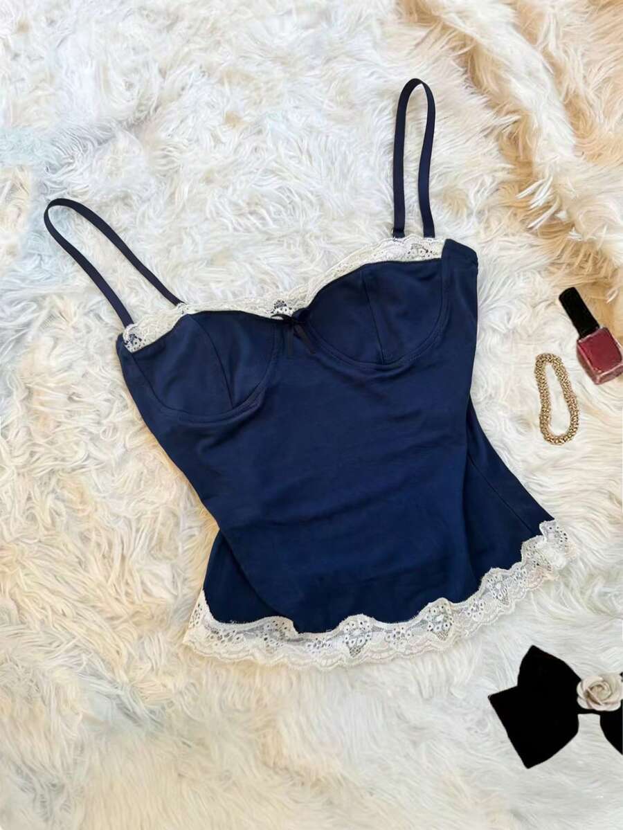 INAWLY Camiseta sin mangas ajustada con lazo y encaje de contraste para mujer, estilo casual de verano - Azul - Ver 1
