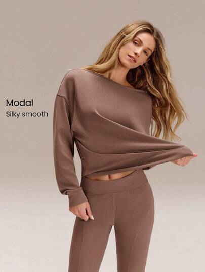 GLOWMODE SoftSerene Modal Cozy Companion Soft Silky-Smooth Breathable Waist-Length Boatneck Pullover Sweatshirt Daily Casual Wear