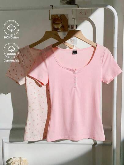 CovetEZ 2pcs Women's Summer Outfits, Suitable For Home, Leisure And Outdoor Wear, Floral Print And Solid Pink Half-Zip Short Sleeve T-Shirt, Comfortable Fabric, Fashionable And Casual, Ideal For Summer Cotton Tops Cute Short Sleeve Tops Girly Tops Comfy Tops Feminine Tops