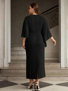 ZEYLAH Vestido ajustado con pliegues, botones y cintura asimétrica, para primavera/verano - Negro - Ver 3
