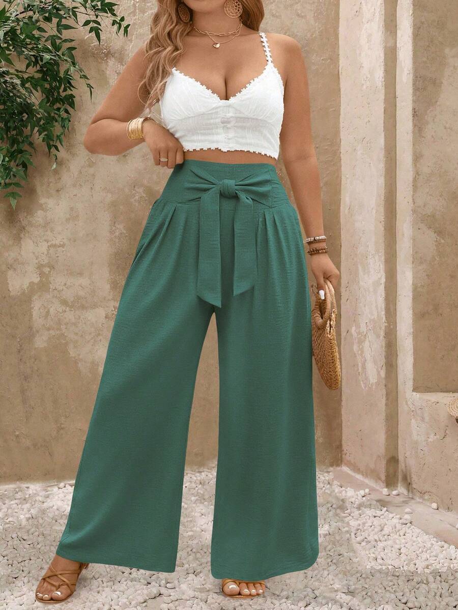 SHEIN PETITE Pantalones anchos de cintura alta de unicolor, versátiles y casuales para mujer de talla grande - Verde militar - Ver 1