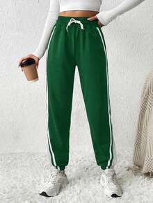 Cottnline Contrast Side Seam Drawstring Waist Slant Pocket Sweatpants - Army Green - View 4