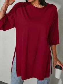 EURMUSE Solid Color Loose Round Neck Drop Shoulder Tee With Split Hem - Pink - View 4