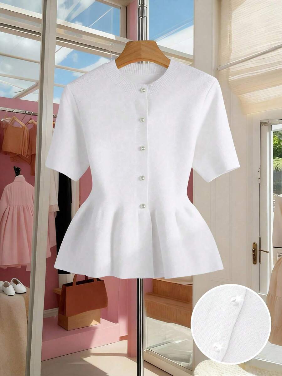 SHEIN Franclia 女士纯色圆领短袖单排扣休闲针织上衣 - 白色 - 查看 1