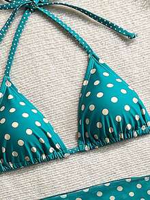 Swim Mod 女士波点印花露背系带性感比基尼三件套，适合海滩度假 - 綠色 - 查看 3