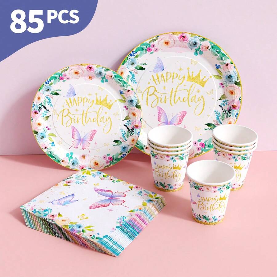 Bộ đĩa, khăn ăn và cốc dùng một lần màu hồng nhạt họa tiết bướm và vương miện, phục vụ 20 người. Bộ đồ dùng tiệc dùng một lần này (bao gồm đĩa, khăn ăn và cốc) rất phù hợp cho các bữa tiệc sinh nhật, đám cưới và dã ngoại gia đình. - Xem 1