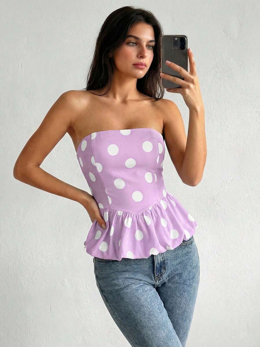 Almamuse Women's Polka Dot Print Ruffle Hem Bandeau Top Pokadot Top, Peplum Tops, Peplum Top Women, Strapless Shirts,Outdoor Clothing, Spring And Summer Clothing - Purple - View 1