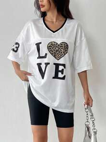 MainGRL 2026春夏新款Y2K街头风白色网眼宽松T恤，LOVE字母和豹纹爱心印花撞色滚边宽松女式上衣，夏季节日及日常休闲穿着，运动美学T恤 - 白色 - 查看 5
