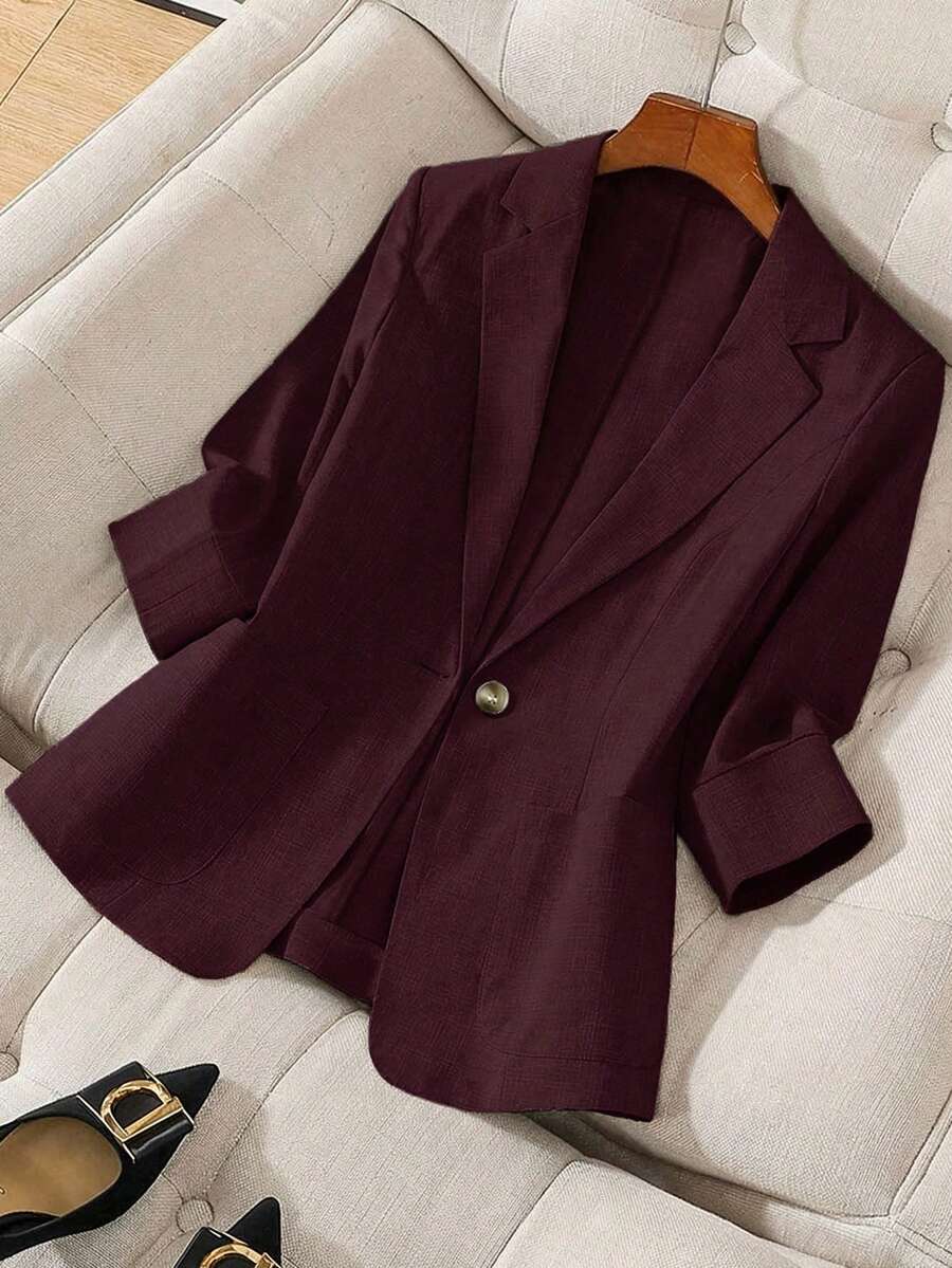 Franclia Áo blazer vải lanh tay lỡ 3/4 có dây thắt eo, thiết kế cài nút, phù hợp cho công sở, các dịp trang trọng, trang phục dạ hội thanh lịch, trang phục công sở, tay lỡ 7/8, mùa xuân, hè, thu. - Màu tím - Xem 1