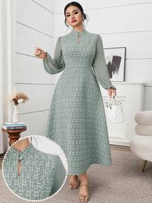 Modelyn Đầm dài tay thanh lịch họa tiết jacquard dành cho nữ cỡ lớn - màu xanh lá - Xem 5