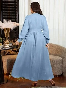 Modelyn Plus Size Solid Color Long Sleeve Chiffon Double Ruffle Hem Elegant Romantic Dress For Women - Dusty Blue - View 2