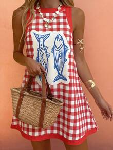 Selianne 女士夏季休闲沙滩度假通勤格子印花无袖宽松连衣裙 - 杏色 - 查看 3