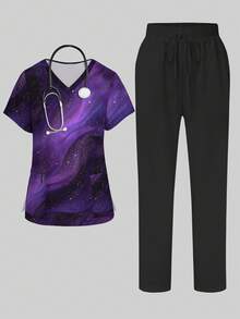 PopScrub Purple Starry Sky Graphic Print V-Neck Short Sleeve Pocket Ear Loop Split Design Women's 2-Piece Set, Spring/Summer Nurse Scrub, Pants Casual Suit, Scrub Set - Multicolor - View 1