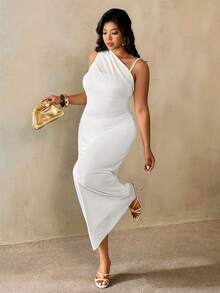 Auralis 大码女式优雅简约时尚基础款连衣裙，适合办公室、通勤、音乐节、海滩度假等场合，浅黄色薄纱无袖不规则领口褶皱修身连衣裙 - 白色 - 查看 2