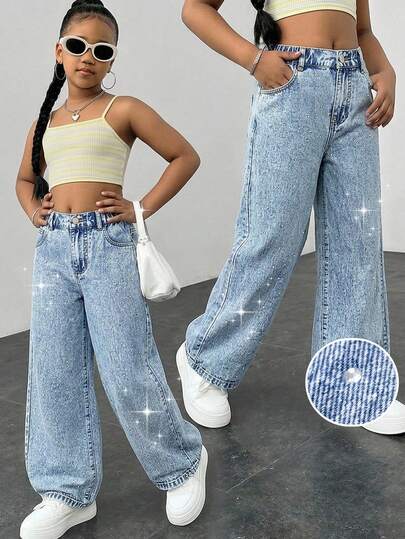 Teen GirlCasual Fashionable Minimalist Rhinestone Design Blue Washed Wide-Leg Jeans