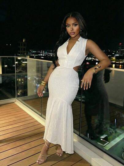 Slaydiva New Early Spring, Spring And Summer Music Festivals, Valentine's Day, Easter, Bohemian Style, Nomadic Style, Casual And Simple Basic Style, Cruise Party, Birthday Party, Daily Date, Casual Vacation, Elegant Commuting, Small Stand-Up Collar, Half-Open Lapel, Waist-Exposed Sleeveless, Front Short And Back Long Dress, Fitting White Dress, Long Dress For Women -A