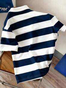 Claim Dot Men's Simple Blue And White Striped College Letter Polo Shirt, Suitable For School, Outings, And Friend Gifts - Blue - View 2