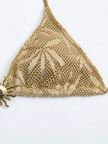 Bonvoyette 3件套纯色三角无钢圈挂脖上衣、侧系带泳裤和网纱裙，女士夏季沙滩度假泳装套装 - 棕色 - 查看 6