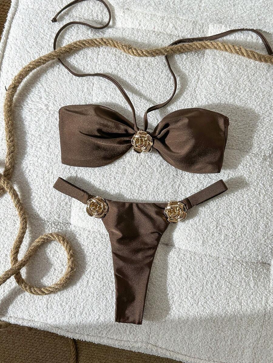 Swim Vcay 女士纯色无肩带比基尼套装,饰有花卉金属装饰,春夏 Zestiva 泳装比基尼套装,棕色比基尼套装,塑形泳衣 - 棕色 - 查看 1