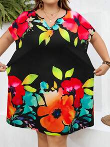 SHEIN CURVE+ Curve 尺码 US22 音乐节、海滨度假、波西米亚风印花 V 领蝙蝠袖休闲印花连衣裙，夏季 - 黑色 - 查看 4