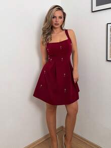 Jeta Ari Women's Solid Color Sequined Strap Patchwork Casual Dress - Burgundy - View 5