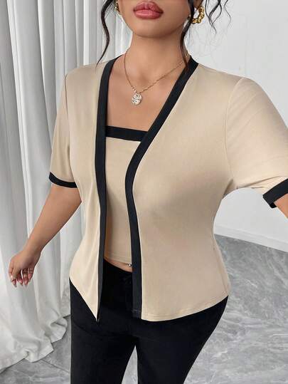 Elenzga 2pcs Plus Size Apricot Contrast Color Knit Set, Summer Cardigan & Fitted Camisole For Women