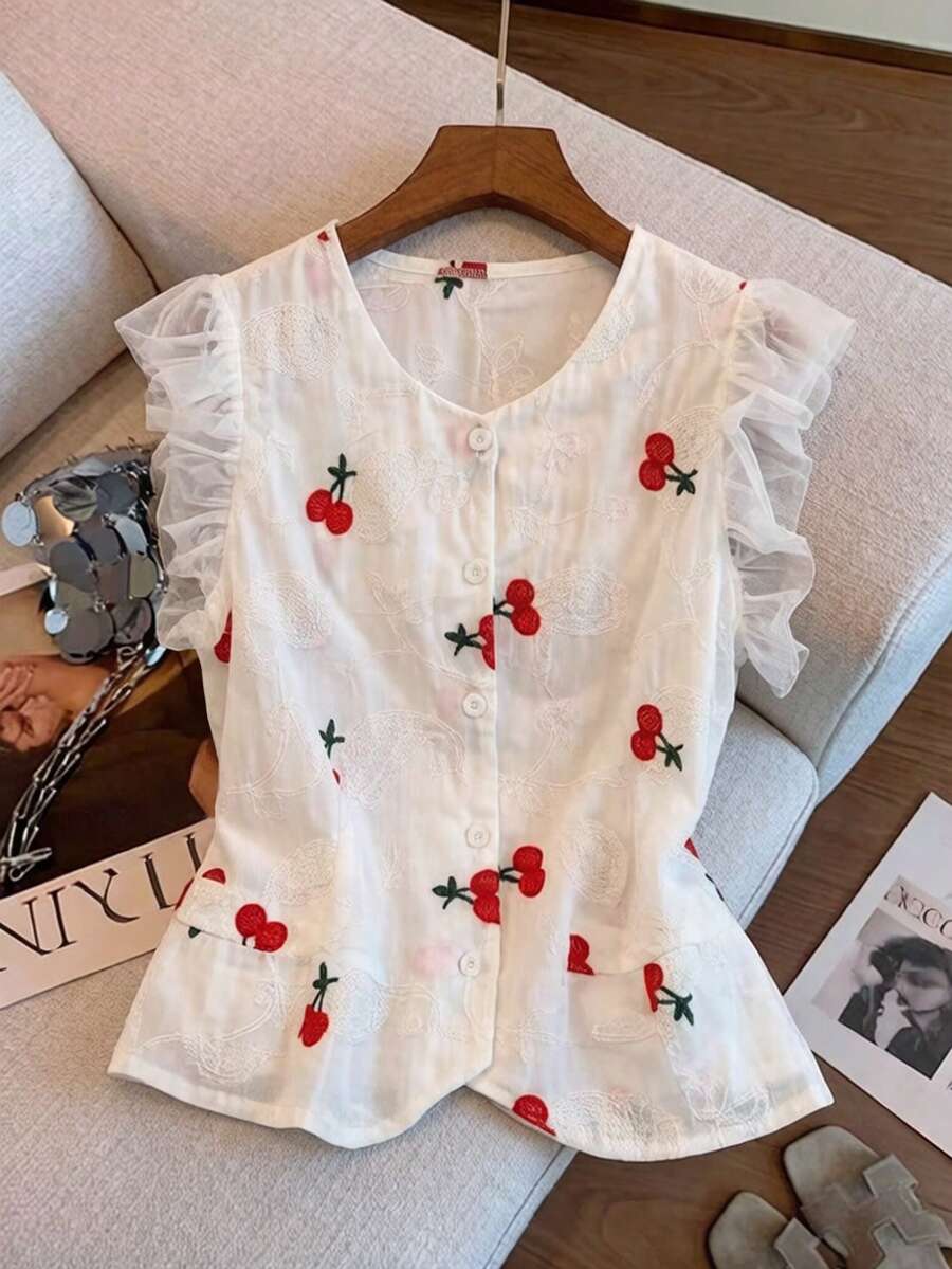 GlowEve Women's Summer Casual Cherry Embroidery Mesh Patchwork Blouse - White - View 1