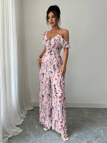 Arcane Artistry Women's Elegant Asymmetric Ruffle Collar Vacation Wide Leg Printed Jumpsuit Birthday Dress For Women Prom Best Selling Dresses Wedding Guest Dress Women Floral Bohemian Outfit For Women Dress Boho Occasion Jumpsuit For Women Off Shoulder Floral Jumpsuit Floral Wide Leg Jumpsuit Floral Jumpsuit For Women Spring Floral Jumpsuit Zanea Dress For Woman Yisikado Dress - Pink - View 6