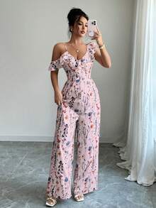 Arcane Artistry Women's Elegant Asymmetric Ruffle Collar Vacation Wide Leg Printed Jumpsuit Birthday Dress For Women Prom Best Selling Dresses Wedding Guest Dress Women Floral Bohemian Outfit For Women Dress Boho Occasion Jumpsuit For Women Off Shoulder Floral Jumpsuit Floral Wide Leg Jumpsuit Floral Jumpsuit For Women Spring Floral Jumpsuit Zanea Dress For Woman Yisikado Dress - Pink - View 7