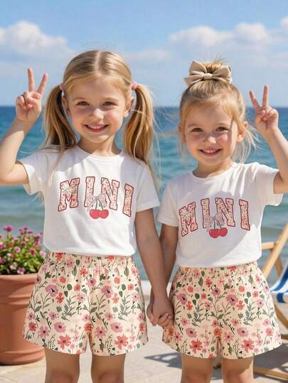 2pcs/Set 4-7 Years Old Girls Toddler Outfits, Fresh Floral & Letter Print + Cherry Bow Decor Short Sleeve Top + Shorts, Lightweight Breathable Casual Wear For Daily, School, Leisure, Birthday Party, Picnic, Spring Summer Autumn
