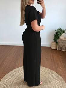 MYSTAURA Mono elegante de pierna ancha con cuello en V y hebilla metálica en la cintura para mujer - Negro - Ver 2