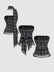 SHEIN MOD 黑白格子流苏装饰系带多功能女式上衣 – 70年代复古风、西部风、波西米亚风、游牧风，适合约会、派对、春夏女装、春假、舞会礼服、约会之夜、度假、野餐、节日、生日装扮 - 黑與白 - 查看 12