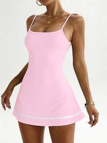 Dewbera Vestido de tankini con tirantes ajustables, bajo con rayas de contraste y shorts, adecuado para primavera y verano - Rosa - Ver 4