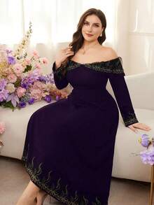 Modelyn Plus Size Women's Elegant Minimalist Retro Elegant Off-Shoulder Petal Sleeve Dress With Gold Floral Trim - Purple - View 7