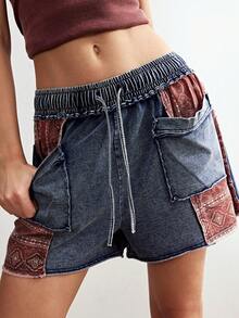 Bohemela 女士休闲针织拼接宽松阔腿水洗短裤 - 藍色 - 查看 8