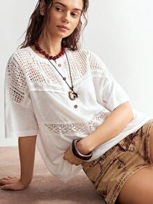 Bohemela Women's Contrast Lace Batwing Short Sleeve Button Design Casual T-Shirt - White - View 3