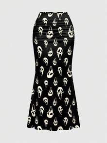 ROMWE Goth Women's White Skull Print Ruched Bodycon Mermaid Skirt - Black - View 1