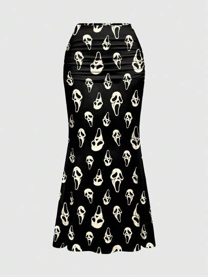 ROMWE Goth Women's White Skull Print Ruched Bodycon Mermaid Skirt