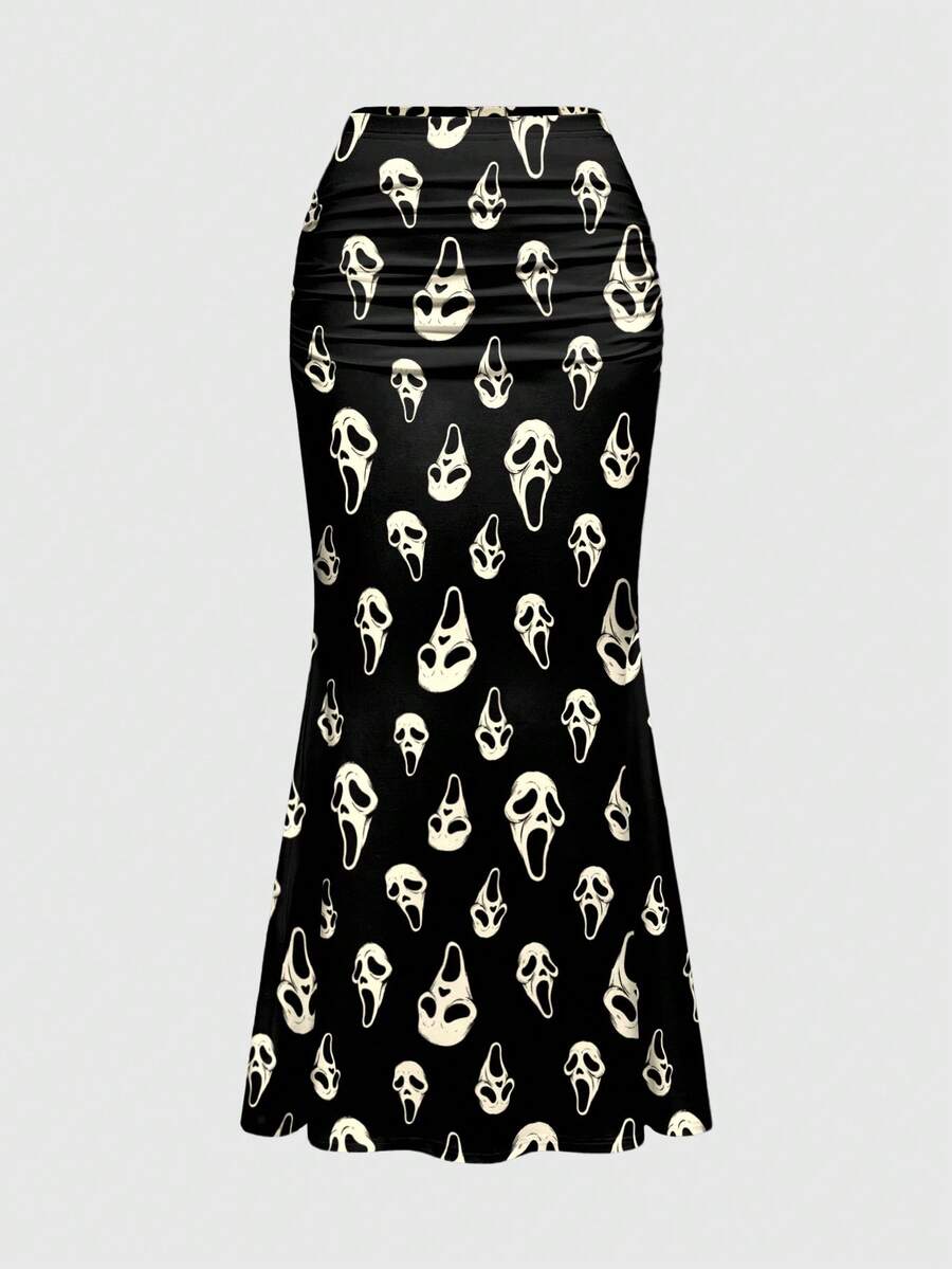 ROMWE Goth Women's White Skull Print Ruched Bodycon Mermaid Skirt - Black - View 1