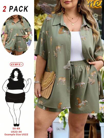 SHEIN CURVE+ Curve Size US22Music Festival, Seaside Vacation, Bohemia Women Loose Casual 2 Pieces Leopard Print Drop Shoulder Shirt & Shorts Set, Summer