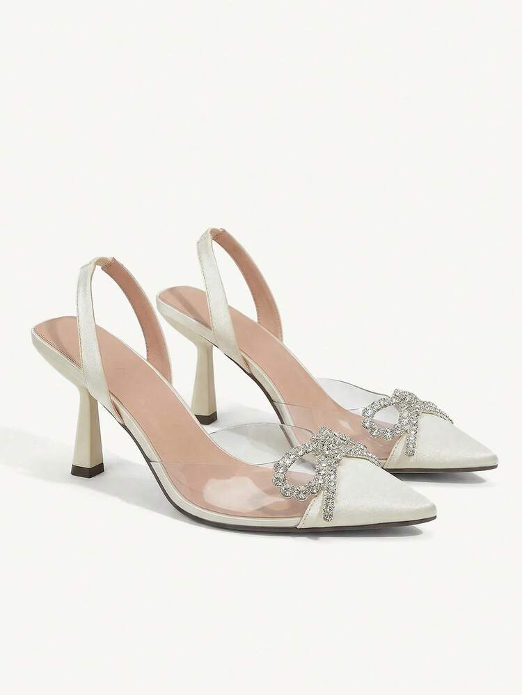 CUCCOO CHICEST Woman Shoes Fashionable Beige Rhinestone Decor Stiletto Heel Pointed Toe Bow High Heels Shoes For Summer Graduation Heels Prom Heels Vacation Shoes Summer Elegant Heels Summer Shoes Summer Break Easter For Christmas Valentine's Day Elegant Shoes Wedding Shoes Summer Shoes Bride Shoes