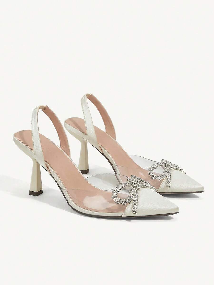 CUCCOO CHICEST Woman Shoes Fashionable Beige Rhinestone Decor Stiletto Heel Pointed Toe Bow High Heels Shoes For Summer Graduation Heels Prom Heels Vacation Shoes Summer Elegant Heels Summer Shoes Summer Break Easter For Christmas Valentine's Day Elegant Shoes Wedding Shoes Summer Shoes Bride Shoes