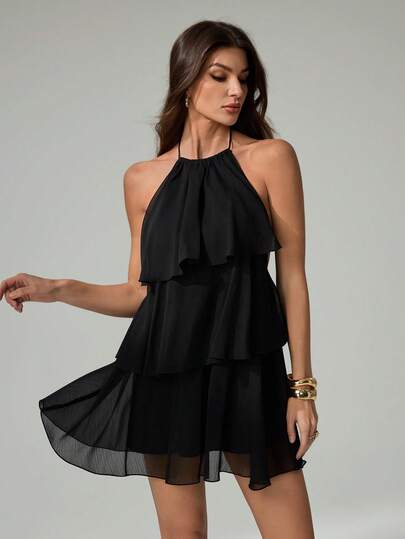 SHEIN Tall Summer Beach Vacation Solid Red Cascading Lotus Leaf Cake Chiffon Mini Dress, Suitable For Daily Dating, Night Out, Nightclubs, Parties, Get-Togethers, Cocktail Parties, Pool Parties, Back-To-School Season Clothes, School Season Dresses, Holiday Dresses, Tutu Skirts