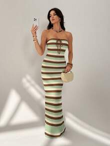 SHEIN Tall Đầm maxi cúp ngực ôm sát, đan móc, lãng mạn mùa hè, phối màu xuân/hè, dành cho nữ. - màu xanh lá - Xem 7