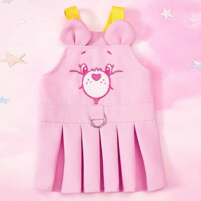 Care Bears X PETSIN 1件宠物服装粉色小熊刺绣宠物连衣裙3D耳朵+牵引D形环猫狗裙