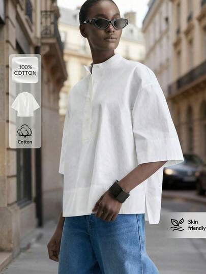 Ontre 2026春夏女士舒适亲肤缎面宽松衬衫，前短后长，现代都市时尚商务休闲办公装，低调复古高端风格，高品质机场/邮轮出行装，优雅婚礼宾客礼服，简约奢华感，四季皆宜，乡村音乐会、西部风格，高档面料，舒适透气波西米亚风度假装，都市通勤装，高品质机场女装，高端