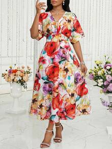 SHEIN Lady Women's Casual Vacation Style V-Neck Batwing Sleeve Dress - Multicolor - View 1